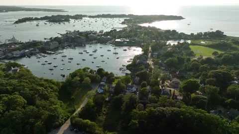 Drone shot of the Woods Hole Eel Pond, a safe refuge for boats in Cape Cod. Stock-Footage 260870140