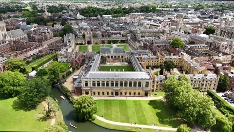 Drone shot of Wren Library and Trinity College, Cambridge city, UK Stock Footage 337159083