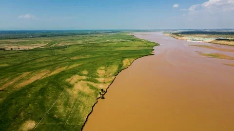 Drone shot Yellow River Plain - River Beach Stock Footage 258090502