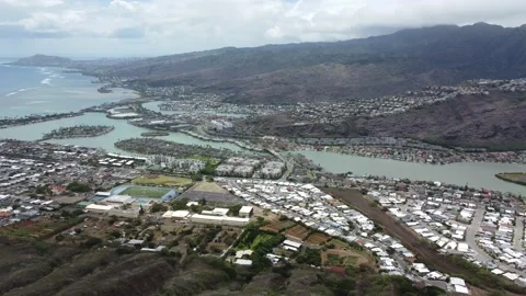 Drone shots over crouching lion hiking trail in Hawaii Stock Footage 204055705