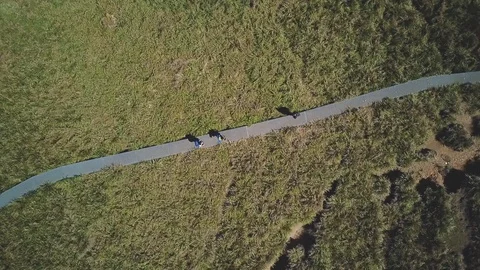 Drone shots of people walking on the path in the middle of the prairie Stock-Footage 122468135