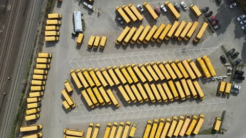 Drone Shots of School Bus Parking Lot – Providence, Rhode Island Video stock 297701751