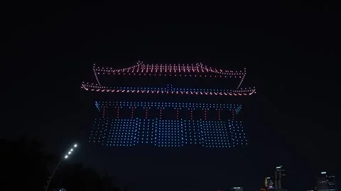 Drone Show of Namdaemun Gate Rotating at Night in Seoul Stock Footage 318513246