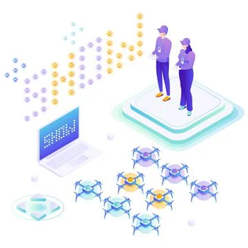 Drone show, people using remote controllers, flat vector isometric illustration Stock Illustration