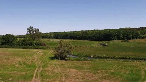 Drone shows a section of the Bronze Age battlefield in the Tollensetal Stock Footage 297393320