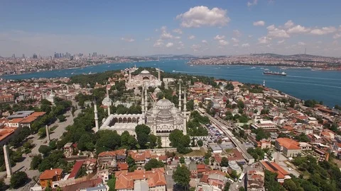 Drone side flight by the Blue Mosque, Hagia Sophia. Istanbul. DJI-0788-03 Stock Footage 102479472