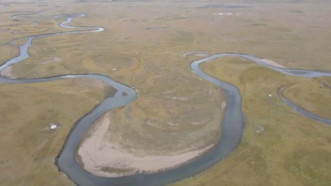 Drone Side Tracking Shot Over Meandering River Hulunbuir Grassland Stock Footage 331425777