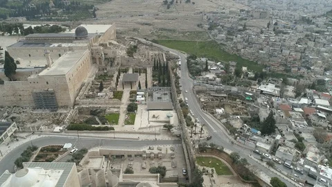 Drone side view of empty Dung Gate and Davidson Center of Jerusalem. File7-17 Stock-Footage 128150869