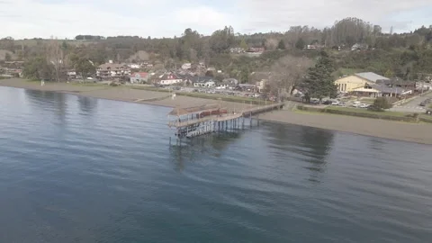 Drone side view of the pier in the city of Frutillar, Chile. Stock Footage 249894485