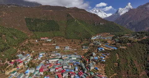 Drone sideways hyperlapse of Namche Bazaar Nepal with Mount Ama Dablam in the Stockbeeldmateriaal 337394299