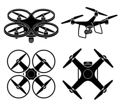 Drone silhouette icons set. Vector illustration. Illustrazione stock