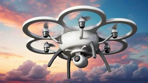 Drone with six propellers on cloudy background. 3D illustration Stock Illustration
