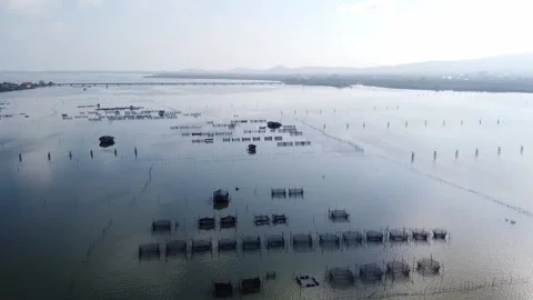 Drone sky view of local fish cage and small fisherman hut in Songkhla lake. Stock Footage 133358549
