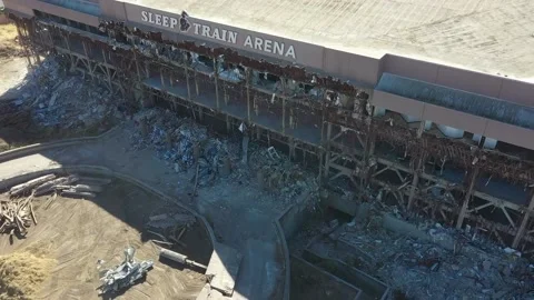 DRONE SLEEP TRAIN ARENA DEMOLITION SACRAMENTO KINGS FORMER ARCO ARENA HD AERIALS Stock Footage 204959863