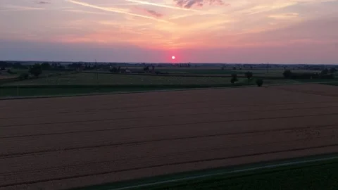 Drone slide across Po Valley farmland at sunset Stock Footage 340603886