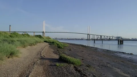 Drone slides low level over Thames with QEII Bridge Stock Footage 92510990