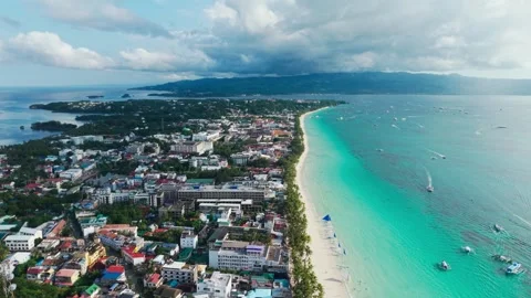 Drone Slides Sideways Over Boracay Urban Coast, Developing Economy Growth Stock-Footage 327692988
