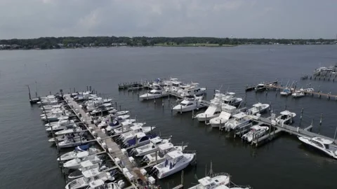 Drone slow move over dock with many boats Stock Footage 160071951