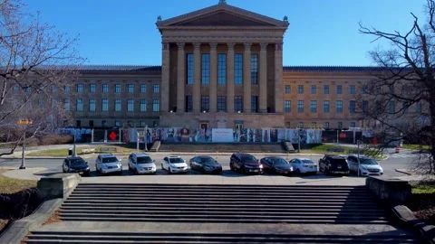 Drone Slowly Ascending from Back Steps to Above Philadelphia Museum of Art Video stock 146353047
