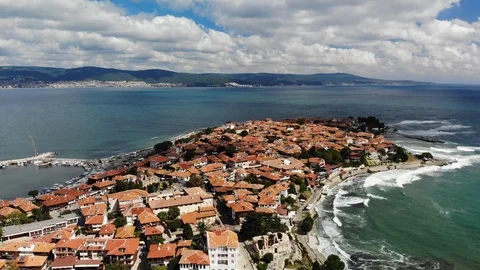 The drone slowly descends over the ancient town of Nessebar Stock Footage 97153182
