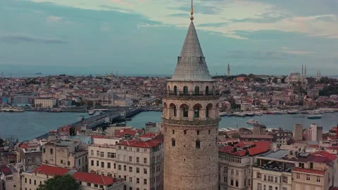 Drone slowly flies the Galata Tower in the Morning 4K Stock Footage 240002815