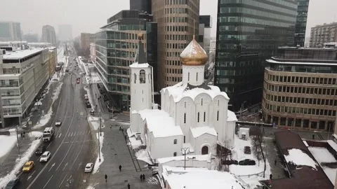 Drone slowly flies over the temple on Tverskaya Zastava Stock Footage 170244126