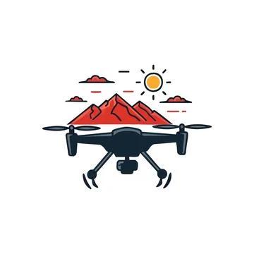 (Drone Soaring Over Mountain Peaks. An uncrewed aerial vehicle navigates a .. Stock Illustration
