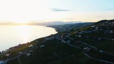Drone Soars High Toward Sunset Lake Stock Footage 346891789