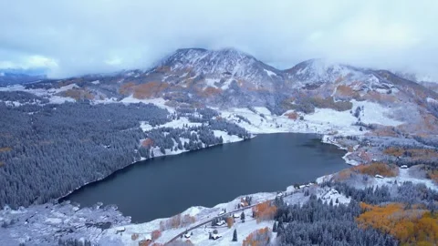 Drone Speed Ramp Over Fresh Snow Lake Colorado Stunning Landscape Stock Footage 256047715