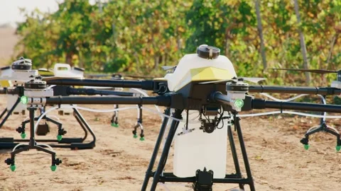 Drone Spraying over Grapevine Field Industrialization Technology Agriculture Stock-Footage 163291439