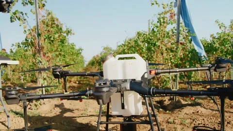 Drone Spraying over Grapevine Field Industrialization Technology Agriculture Stockbeeldmateriaal 163292450