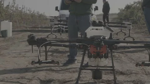 Drone Spraying over Grapevine Field Industrialization Technology Agriculture Stockbeeldmateriaal 163292492
