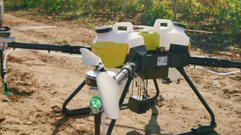 Drone Spraying over Grapevine Field Industrialization Technology Agriculture Stockbeeldmateriaal 163292498