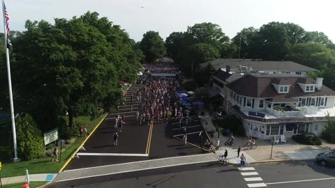 Drone start of running race field heads to camera Video stock 170576528