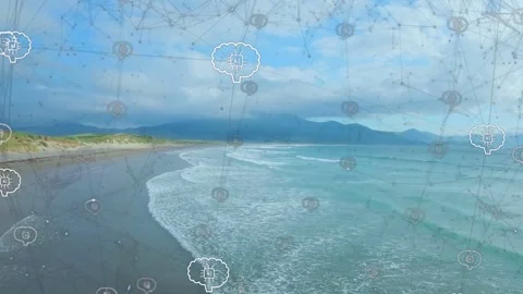 Drone starting forward pan, panning right, revealing surf, dunes with overlay Stock Footage 334351789