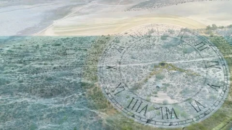 Drone starting pan rightward upward, Roman clock advancing hands showing time Stock Footage 328330268