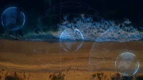 Drone starting sequence blue dotted globes drifting and expanding over coastal Stock Footage 333287081