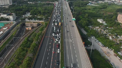 The drone static shot over the highway on which the traffic jam has formed. Stock Footage 113800325