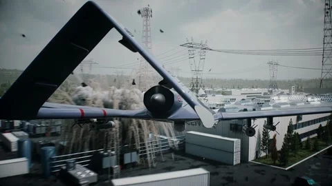 Drone Strike on Data Center,AI Backlash and Anti-AI Concept. Stock Footage 336345311