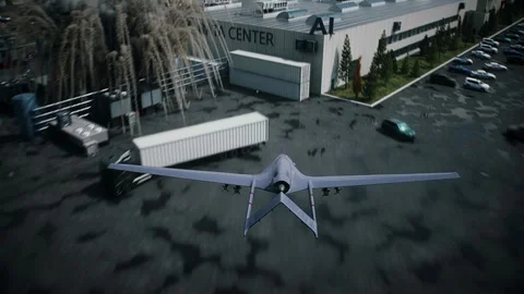 Drone Strike on Data Center,AI Backlash and Anti-AI Concept. Stock Footage 336345313