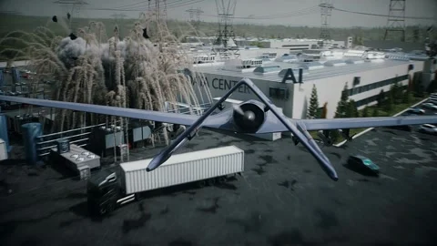 Drone Strike on Data Center,AI Backlash and Anti-AI Concept. Stock Footage 336345315