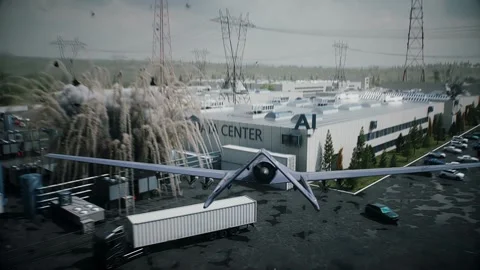 Drone Strike on Data Center,AI Backlash and Anti-AI Concept. Stock Footage 336345326