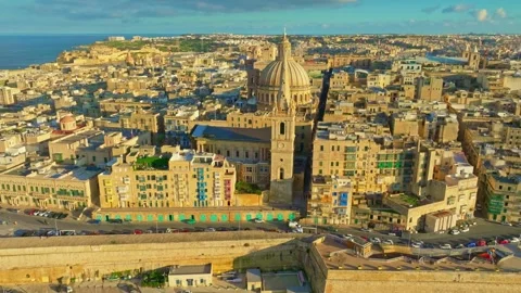 Drone sunset aerial view of Valletta city, capital of Malta island. Church Video stock 330177978