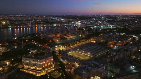Drone sunset evening view of Valletta and three cities. Maltese island Stock Footage 293357239