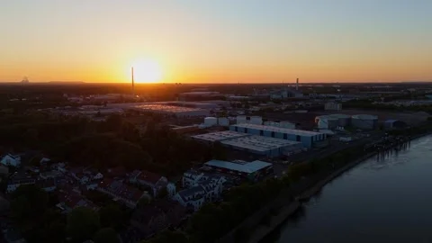 Drone Sunset Flight Left to Right Over Industrial Area and Rhine River Cologne 스톡 동영상 312526834
