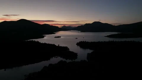 Drone, Sunset flight over Islands, Loch Lomond, Scotland Stock Footage 204716305