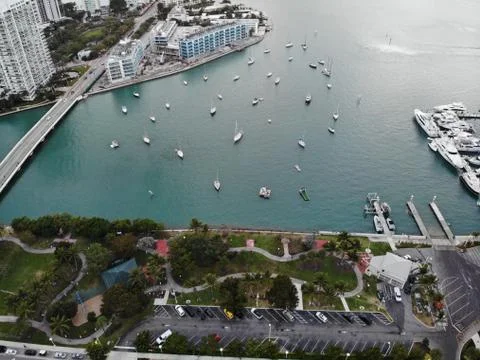 Drone sunset over the bay with views of boats and a bridge Stock Photos