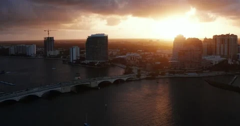 Drone at Sunset over Bridge Between Palm Beach and West Palm Beach 4K Video stock 234450448