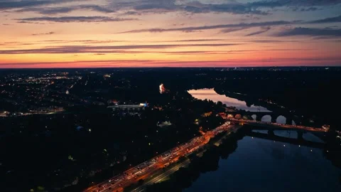 Drone Sunset Over Urban River Bridge in Philadelphia Schuylkill Boathouse Row Stock Footage 281676222