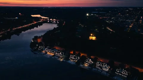 Drone Sunset Over Urban River Bridge in Philadelphia Schuylkill Boathouse Row Stock Footage 281676225